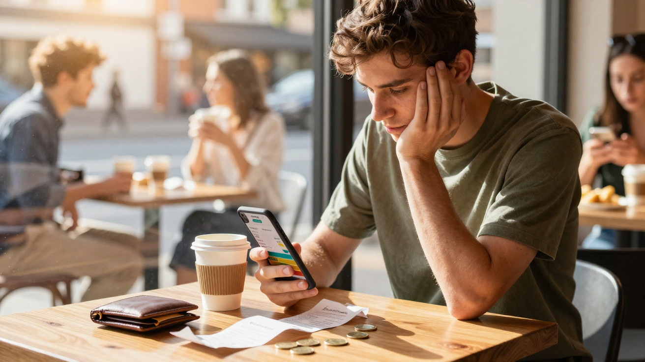 Jovem sentado num café, a olhar preocupado para o telemóvel com moedas e carteira na mesa.