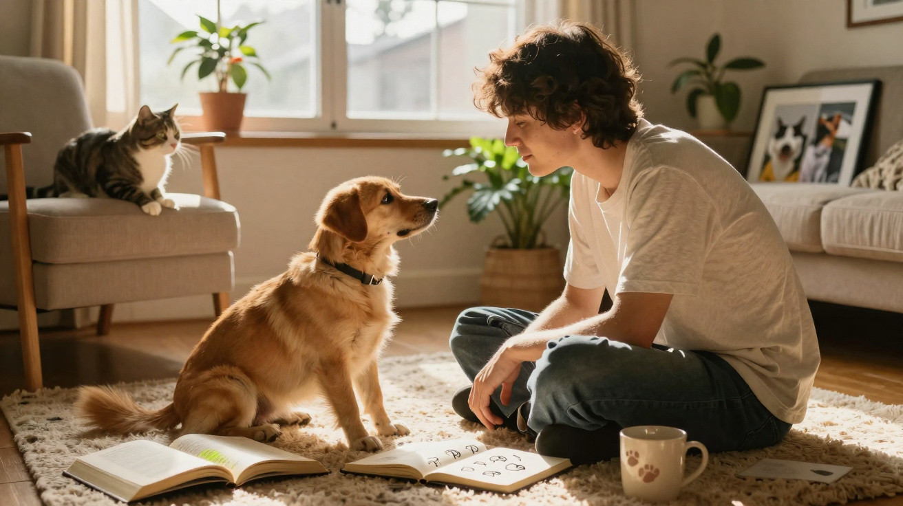 Jovem sentado no chão com cão dourado, gato no sofá e livros abertos à frente numa sala iluminada.