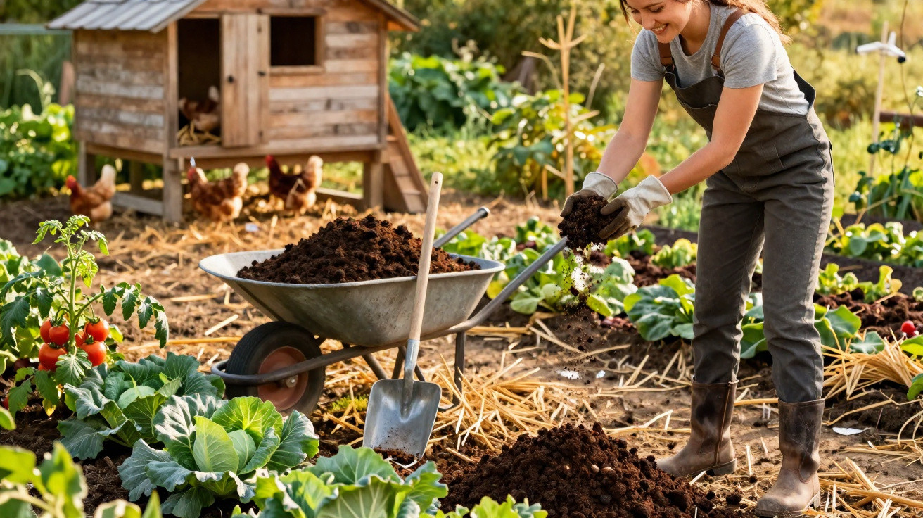 Mulher a preparar terra num jardim com legumes, galinhas ao fundo junto a um galinheiro de madeira.