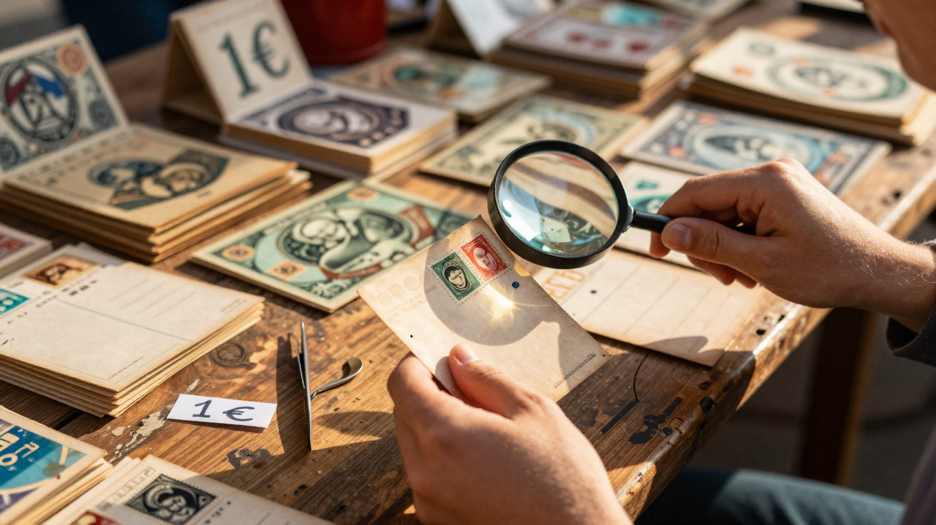 Pessoa a observar um selo antigo numa carta com uma lupa numa feira de colecionadores.