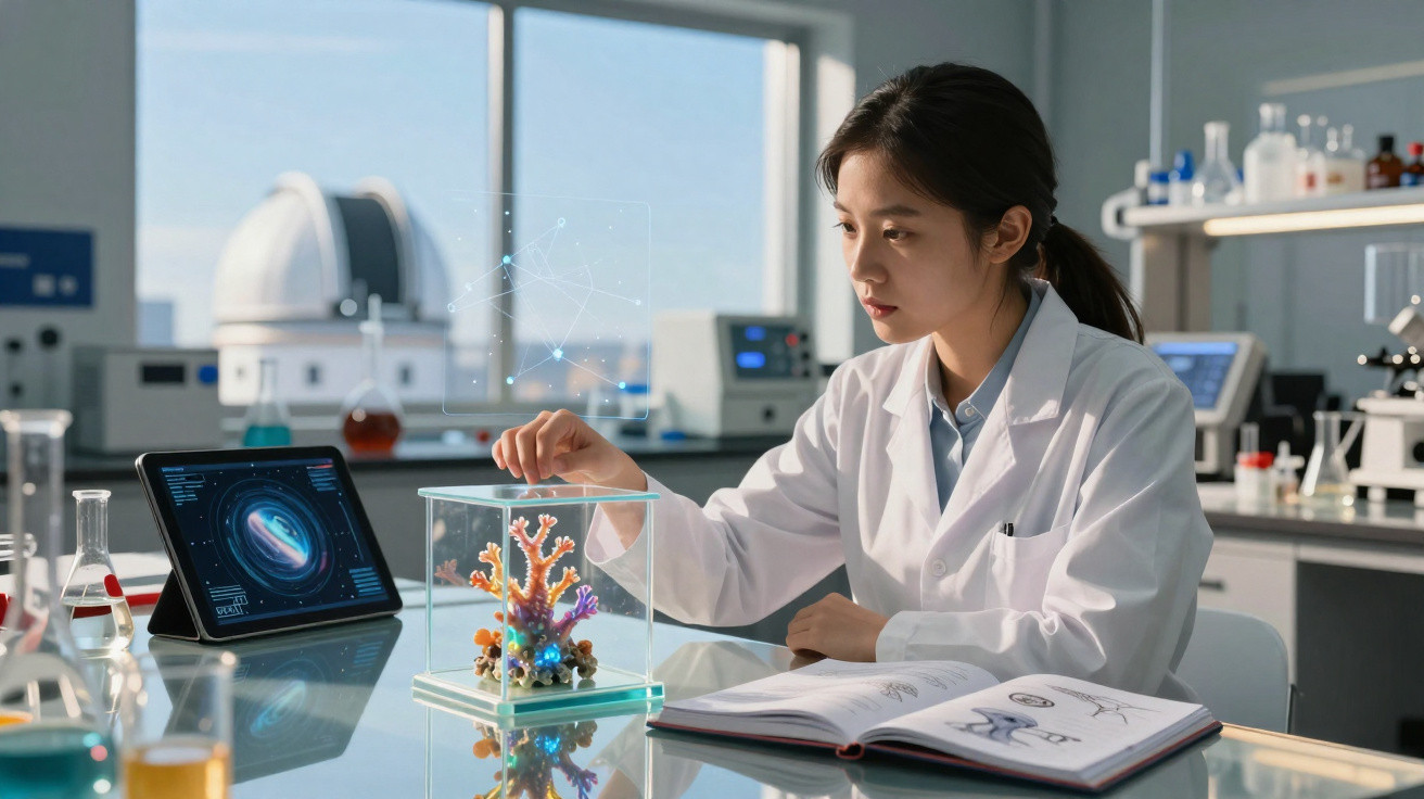 Cientista em laboratório examina coral em vitrine transparente com tablet e livro aberto na mesa.