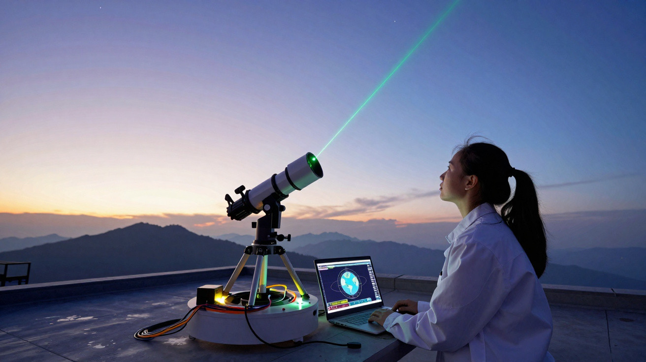 Jovem cientista com bata branca usa telescópio e portátil ao ar livre ao pôr do sol com laser verde no céu.