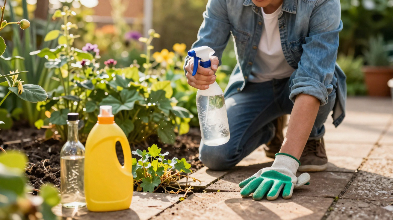 Pessoa a cuidar do jardim, borrifando plantas com frasco de spray, usando luvas verdes.