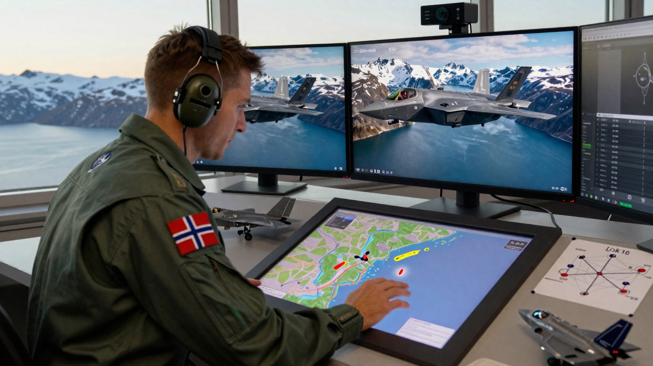 Piloto norueguês com headset a operar sistema de controlo aéreo com mapas e imagens de caças nos ecrãs.