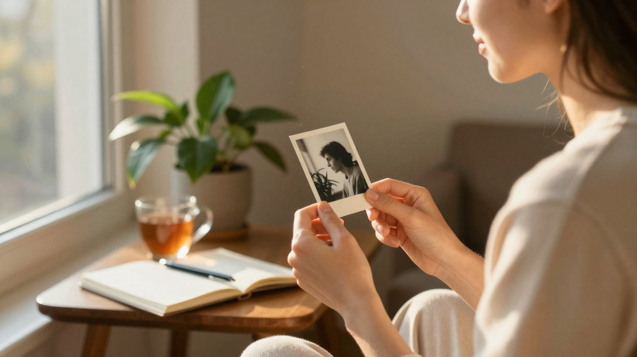 Pessoa a olhar para uma fotografia em polaroid, sentada junto a uma mesa com caderno, caneta, chá e planta.