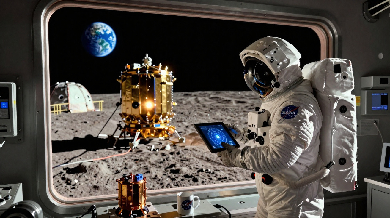 Astronauta com tablet dentro de módulo lunar com vista da Terra e módulo lunar na superfície da lua.
