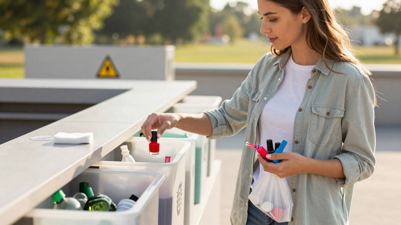 Mulher a separar vernizes para reciclagem em contentores exteriores num dia ensolarado.