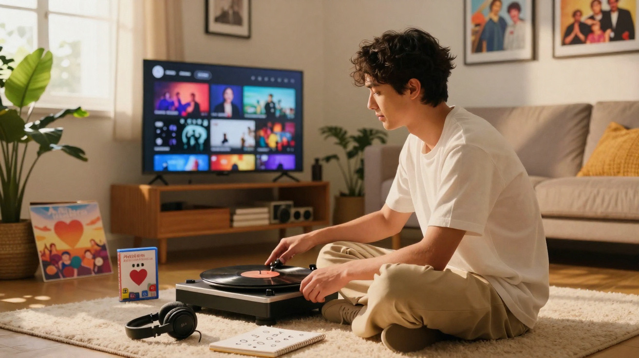 Jovem sentado no chão a ouvir vinil numa sala com televisão ligada e fones ao lado.