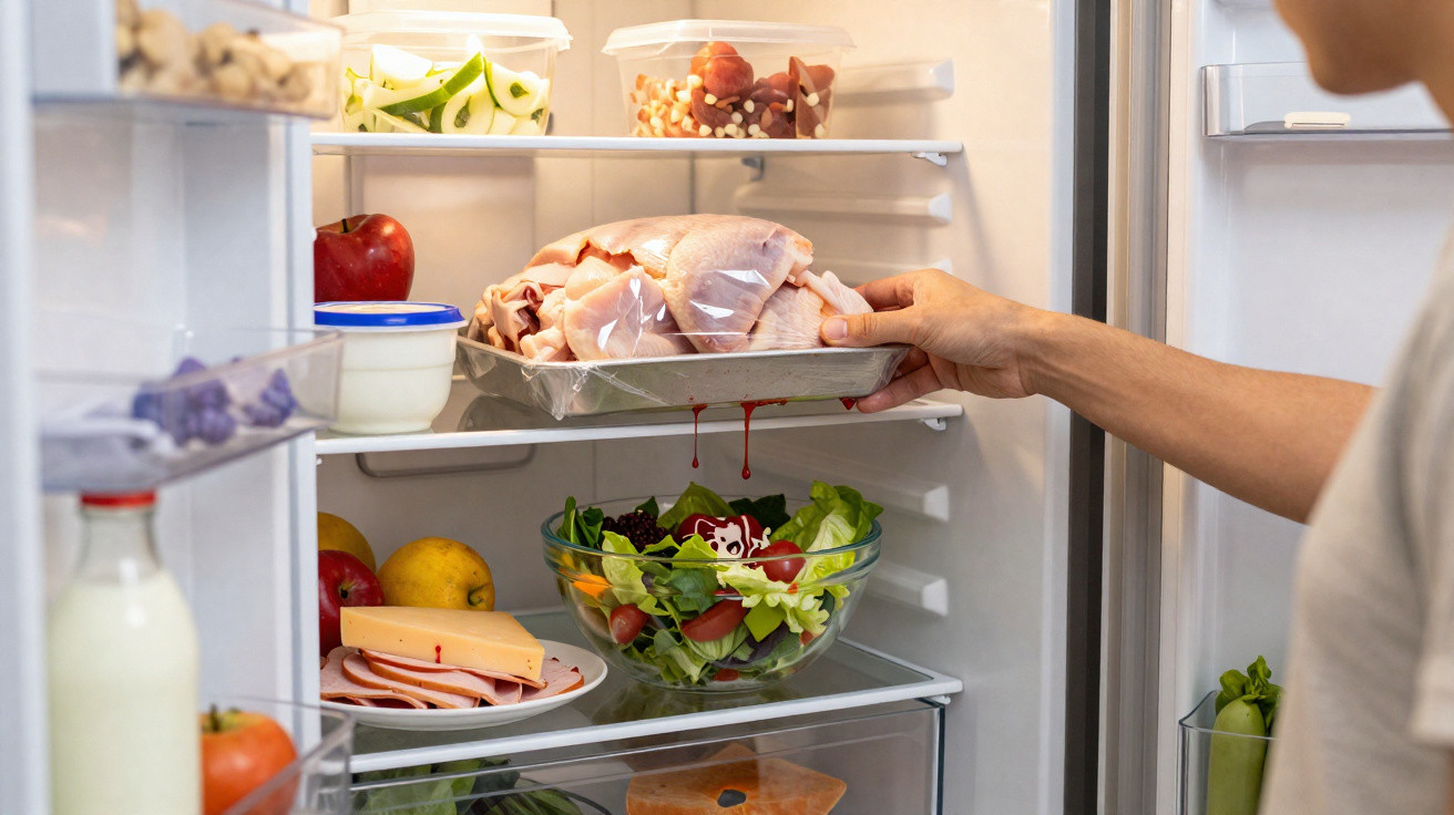 Mão humana a colocar travessa com carne crua a pingar sangue dentro de frigorífico cheio de legumes, frutas e laticínios.