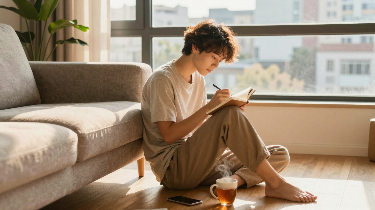 Pessoa jovem sentada no chão a escrever num caderno junto a uma janela com chá quente e smartphone ao lado.