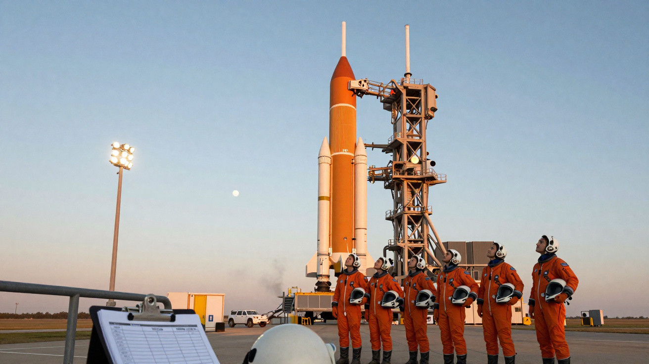 Sete astronautas em fato laranja com capacetes na mão junto a um foguetão na plataforma de lançamento ao amanhecer.