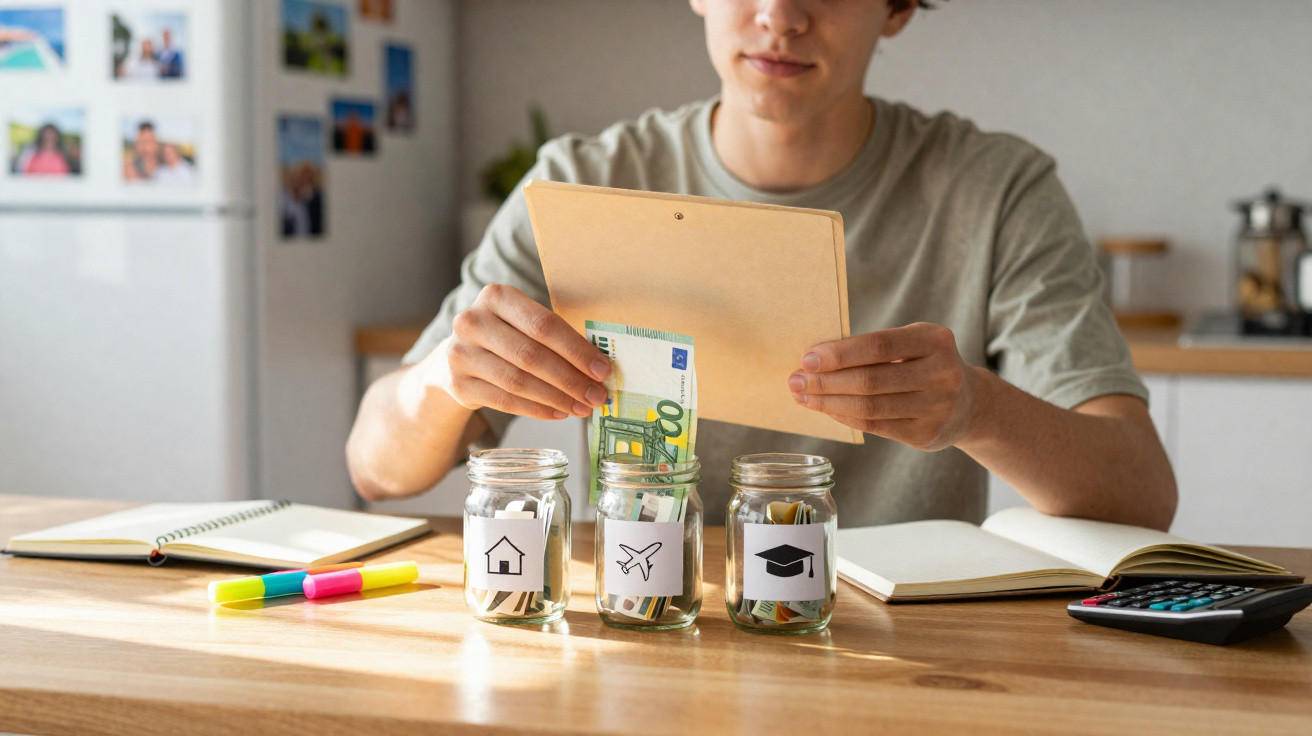 Pessoa a guardar dinheiro em cofres de vidro etiquetados para casa, viagem e educação, numa mesa com cadernos e calculadora.