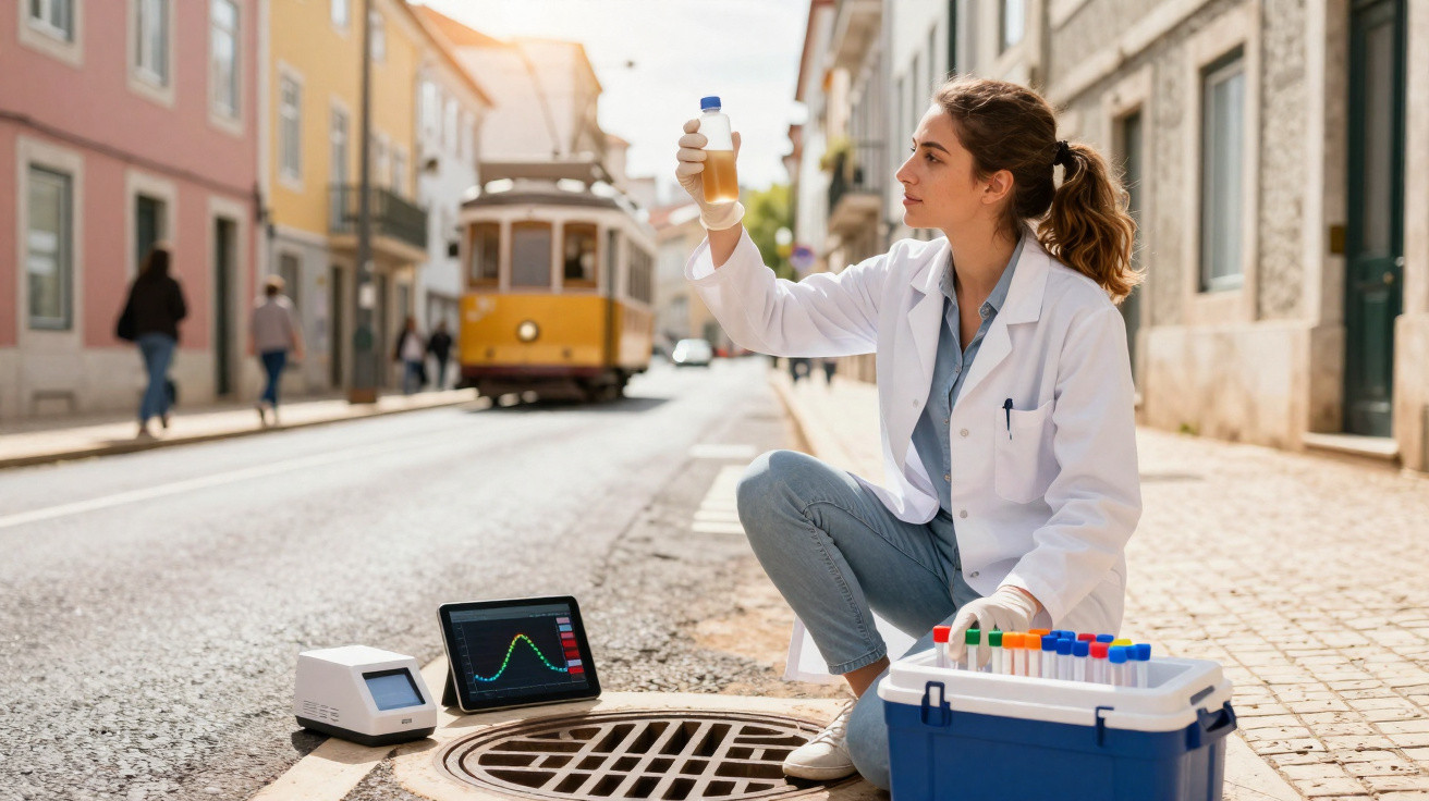 Cientista analisando amostra de água de escoamento urbano perto de esgoto na rua com elétrico ao fundo.