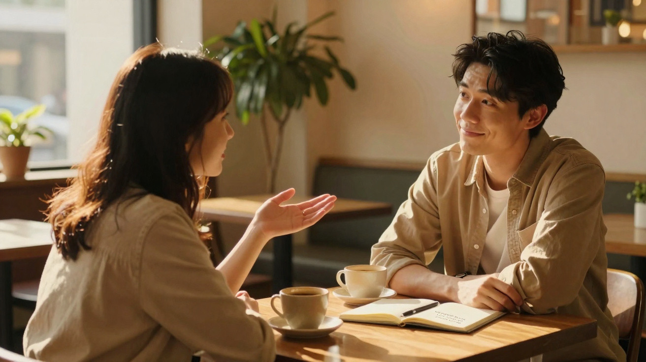 Duas pessoas sentadas numa mesa de café, a conversar, com duas chávenas e um caderno aberto entre elas.