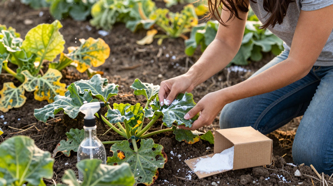 Pessoa a aplicar pó branco nas folhas de plantas num jardim com pulverizador ao lado.