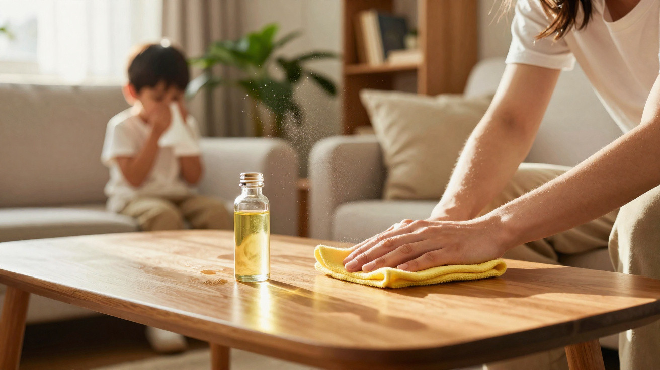 Pessoa a limpar uma mesa de madeira com pano amarelo, enquanto uma criança está sentada no sofá ao fundo.