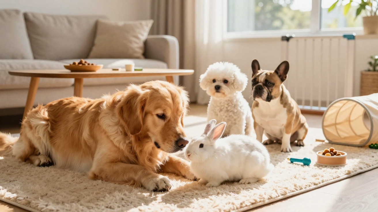 Cão golden retriever, coelho branco, cão poodle e cão buldogue francês juntos numa sala iluminada.