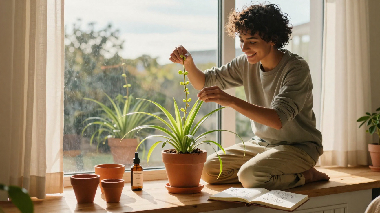 Pessoa sorridente a cuidar de planta junto à janela, com livro aberto e vasos vazios à volta.