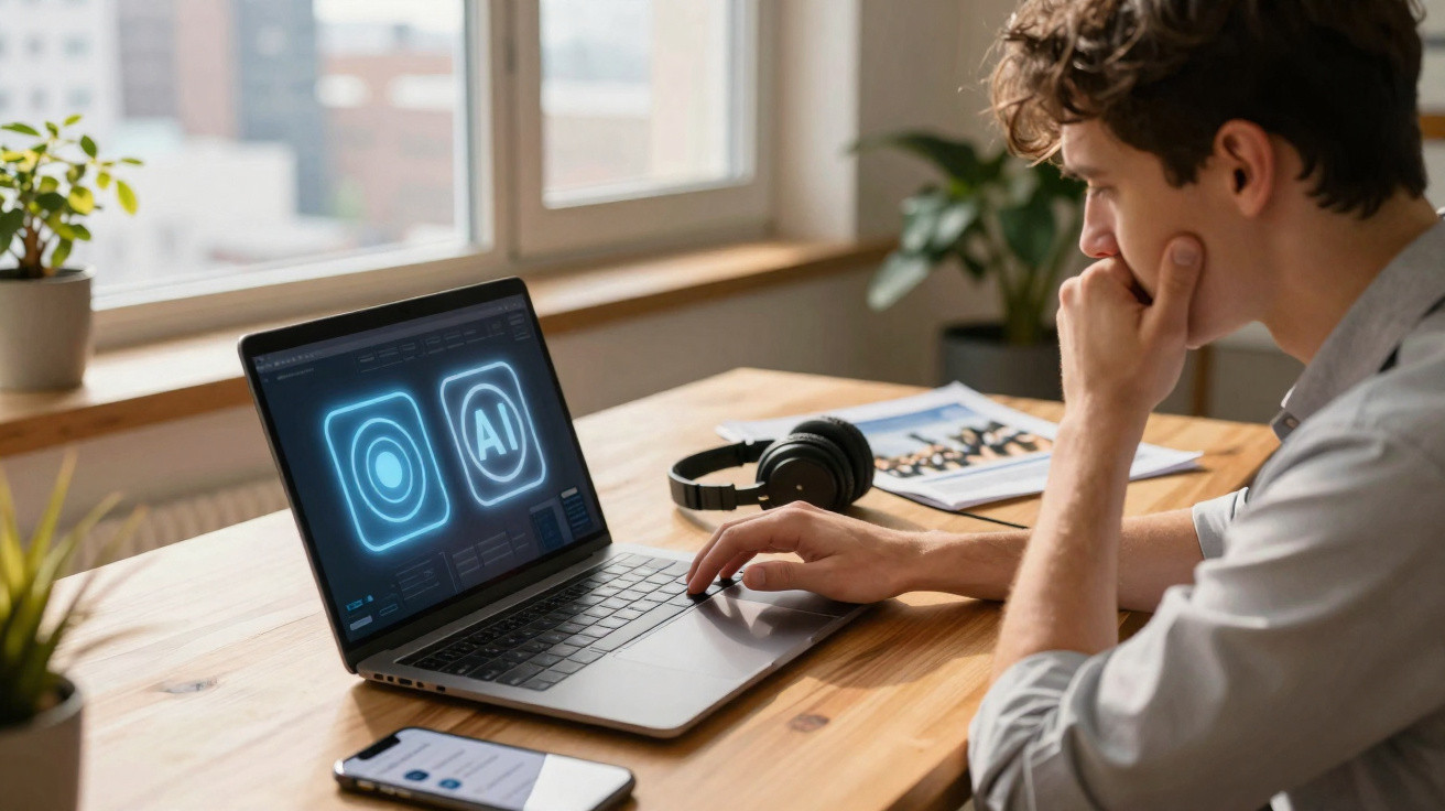 Homem a trabalhar num computador portátil com imagens digitais de IA numa mesa de madeira.