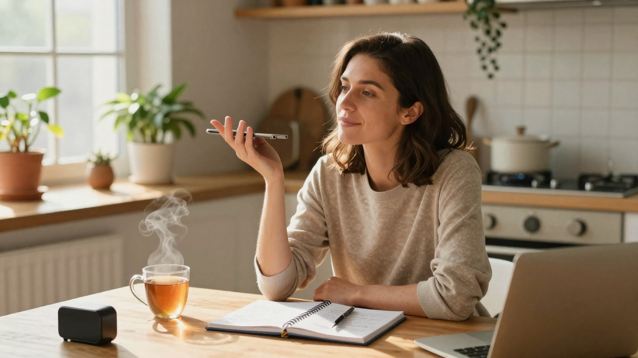 Mulher sentada à mesa com chá quente, a falar ao telemóvel e a tomar notas num caderno na cozinha.