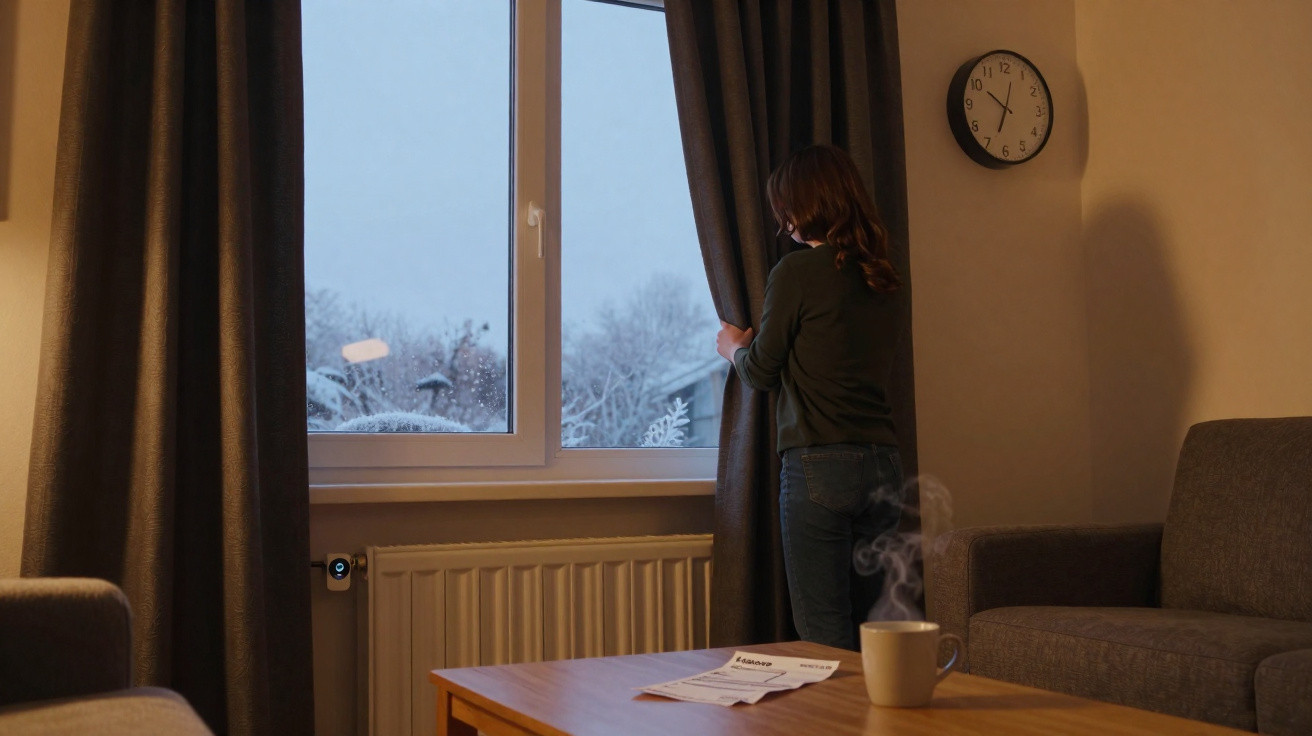 Mulher a abrir cortinas numa sala com neve visível no exterior, relógio na parede e chá quente numa mesa.