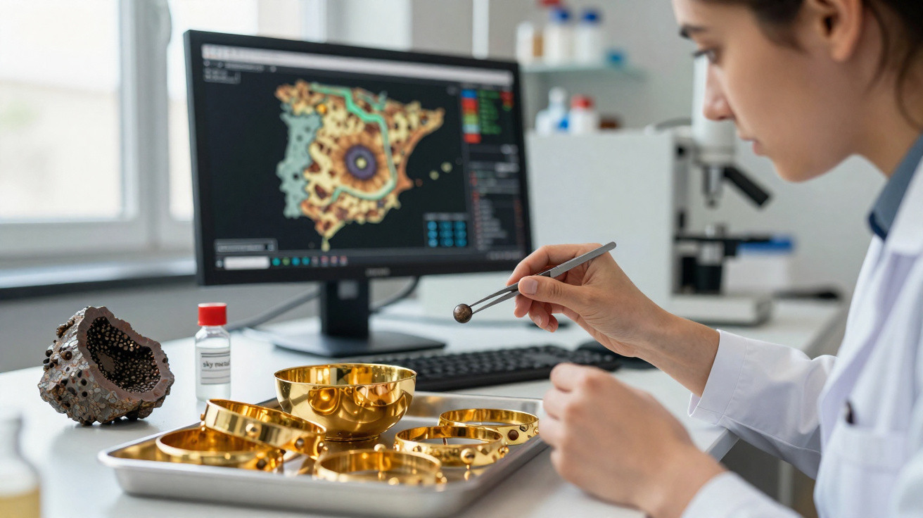 Cientista analisa mineral com pinça em laboratório, com imagem digital de geodo no ecrã do computador.