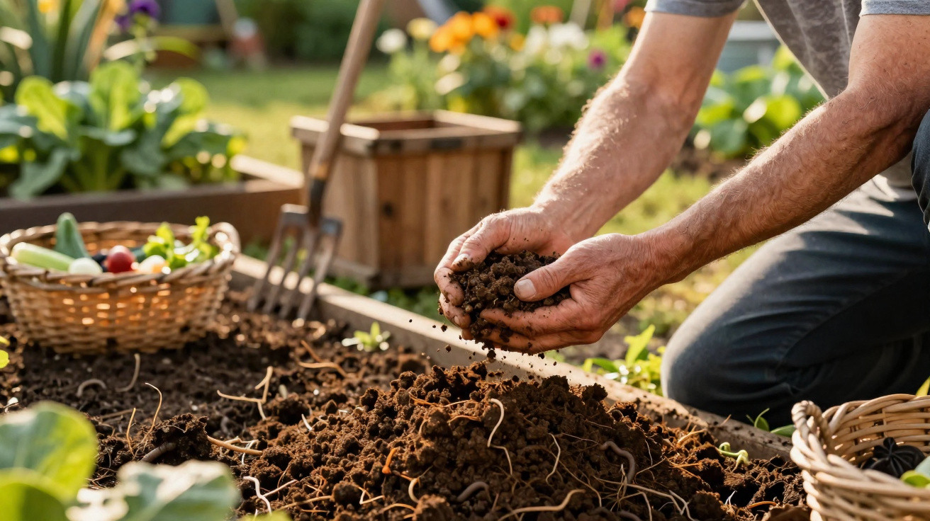 Pessoa a trabalhar a terra num jardim com cestos de legumes frescos ao fundo.
