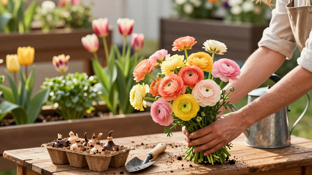 Pessoa a organizar bouquet colorido de flores numa mesa de jardim com vasos e ferramentas de jardinagem.