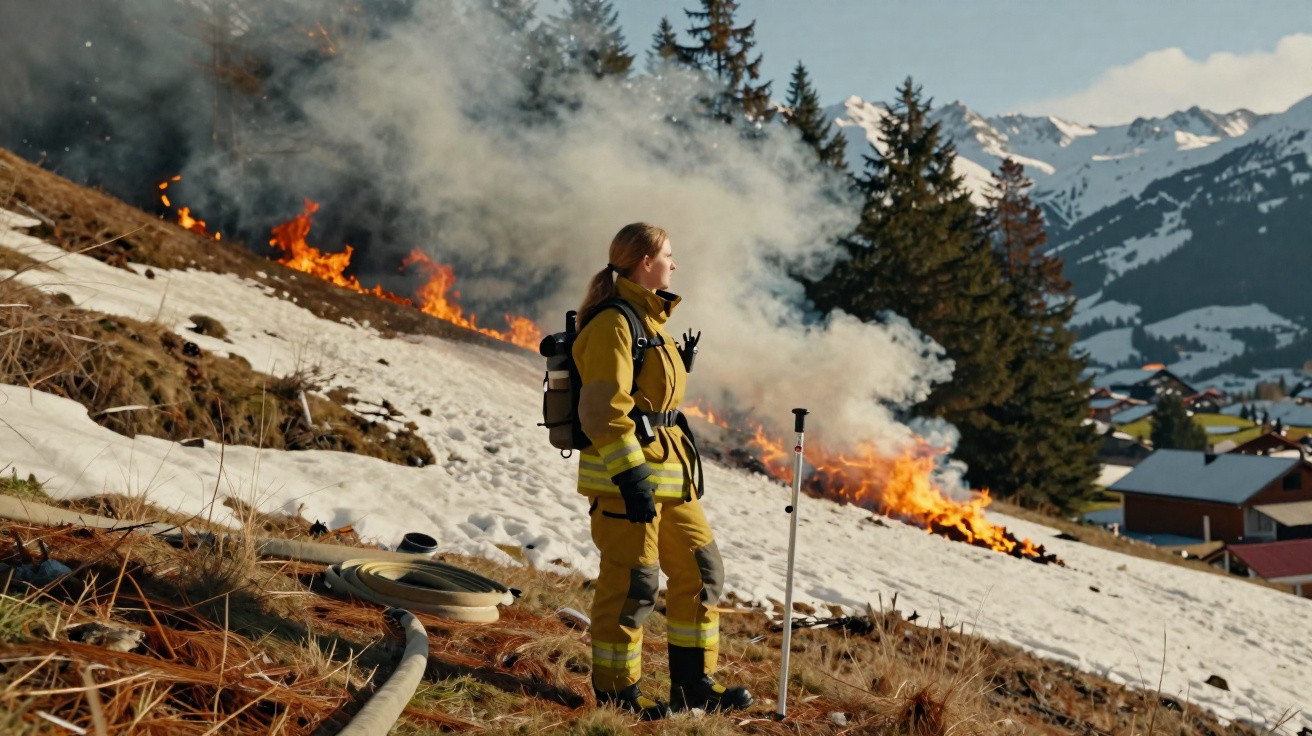 Bombeira com equipamento a observar um incêndio numa encosta com neve e montanhas ao fundo.