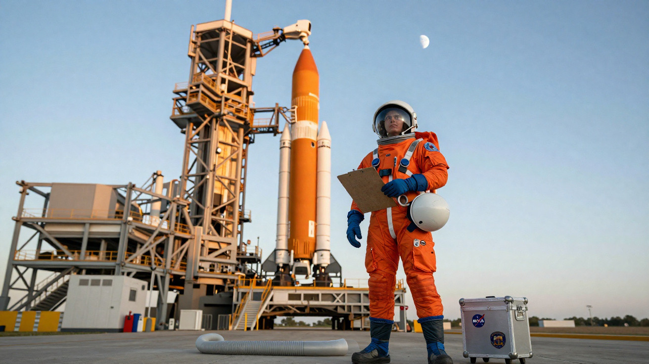 Astronauta em fato laranja junto a foguetão na plataforma de lançamento com a lua visível no céu.