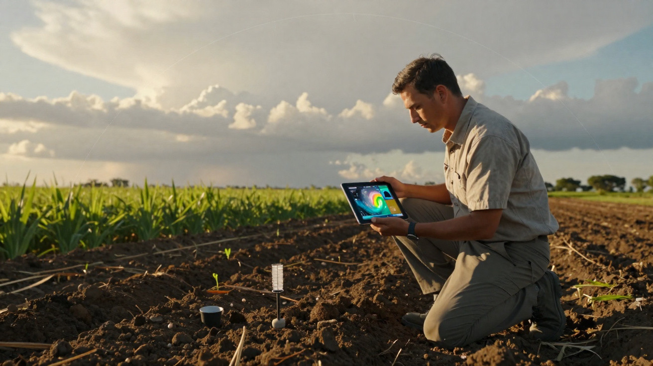 Homem com tablet analisa dados agrícolas junto a sensores no solo de um campo ao entardecer.