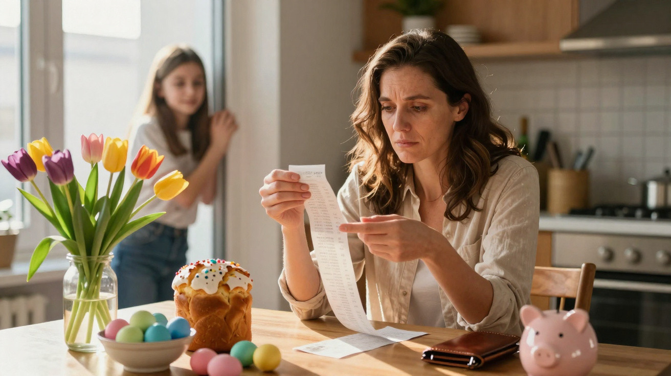 Mulher preocupada a analisar um recibo na cozinha, com filha ao fundo e decoração pascal na mesa.