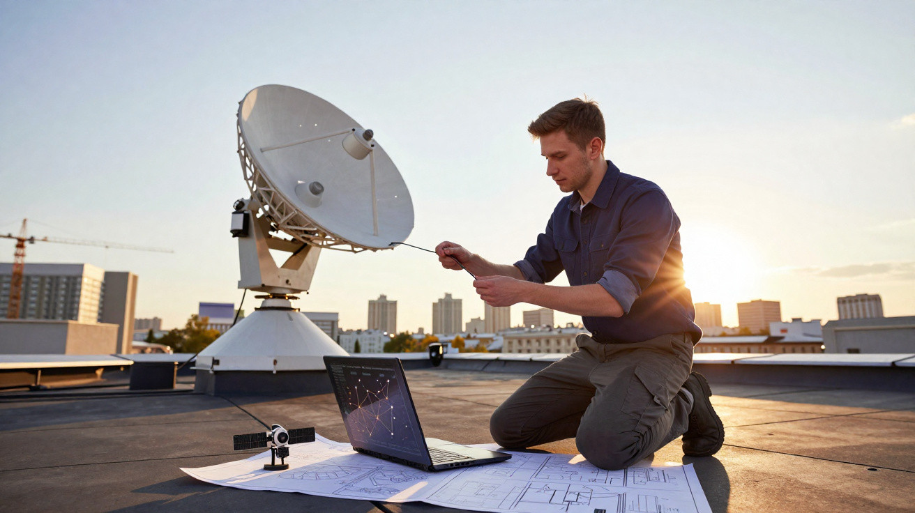 Homem a ajustar cabo numa antena parabólica no telhado com portátil e mapas ao pôr do sol.