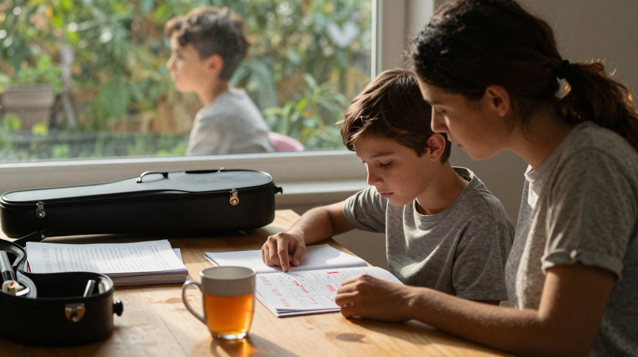Criança e adulto sentados à mesa estudando partituras musicais ao lado de uma janela iluminada.