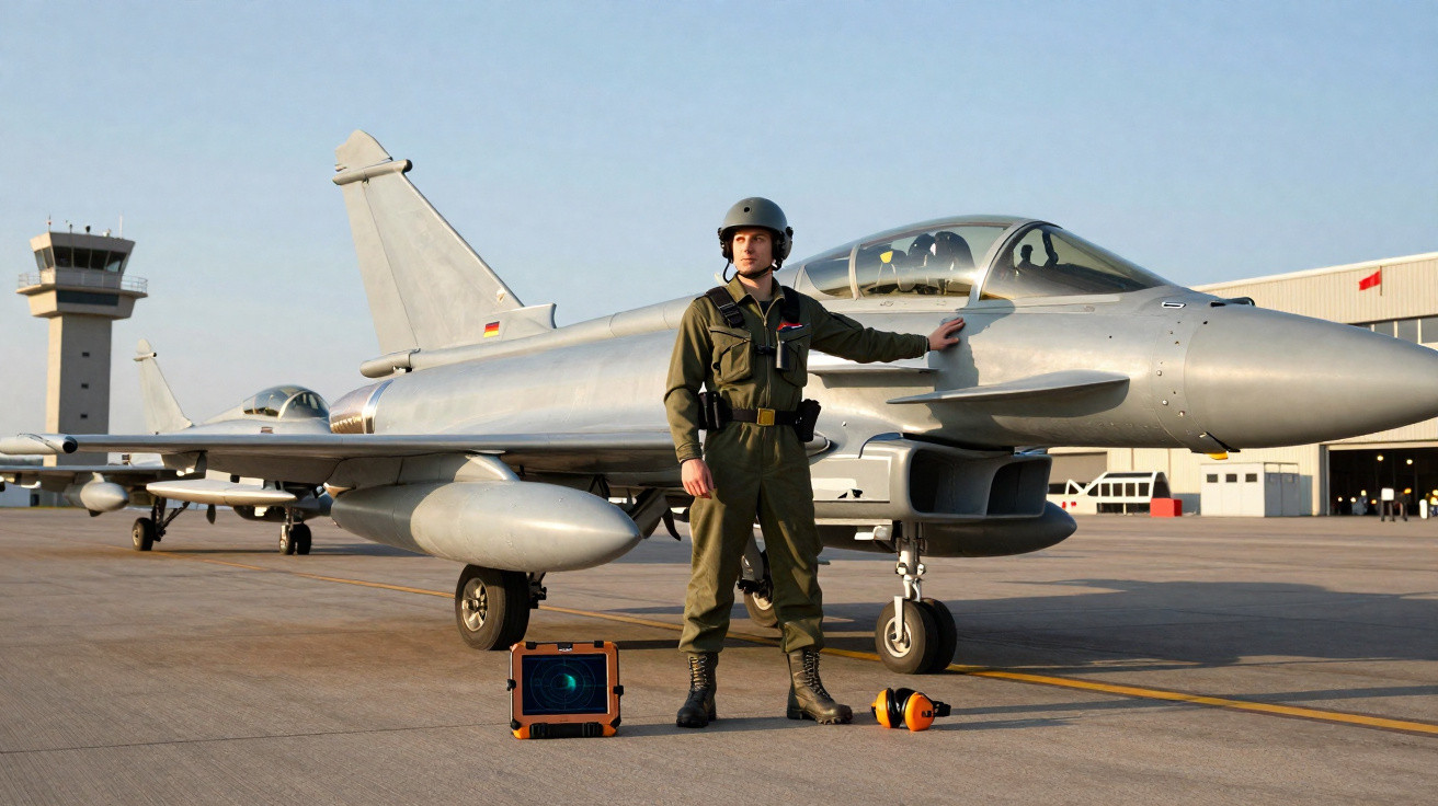 Piloto militar em fato de voo e capacete está em frente a jato de combate estacionado num aeroporto.