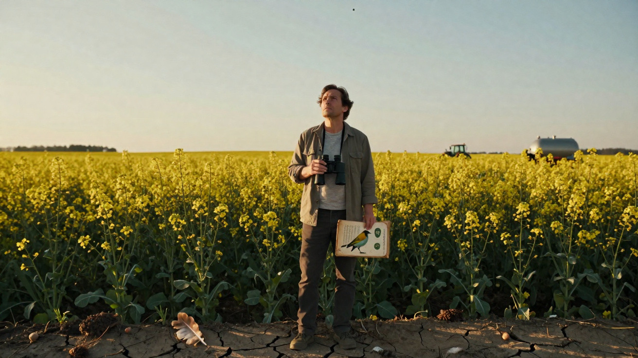 Homem com binóculos e caderno observa campo de flores amarelas sob céu limpo ao pôr do sol.
