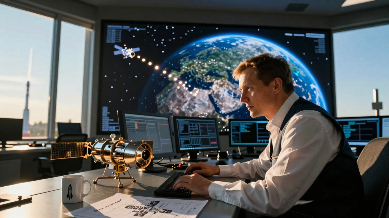 Homem a trabalhar num centro de controlo espacial com ecrãs e modelo de satélite na secretária.
