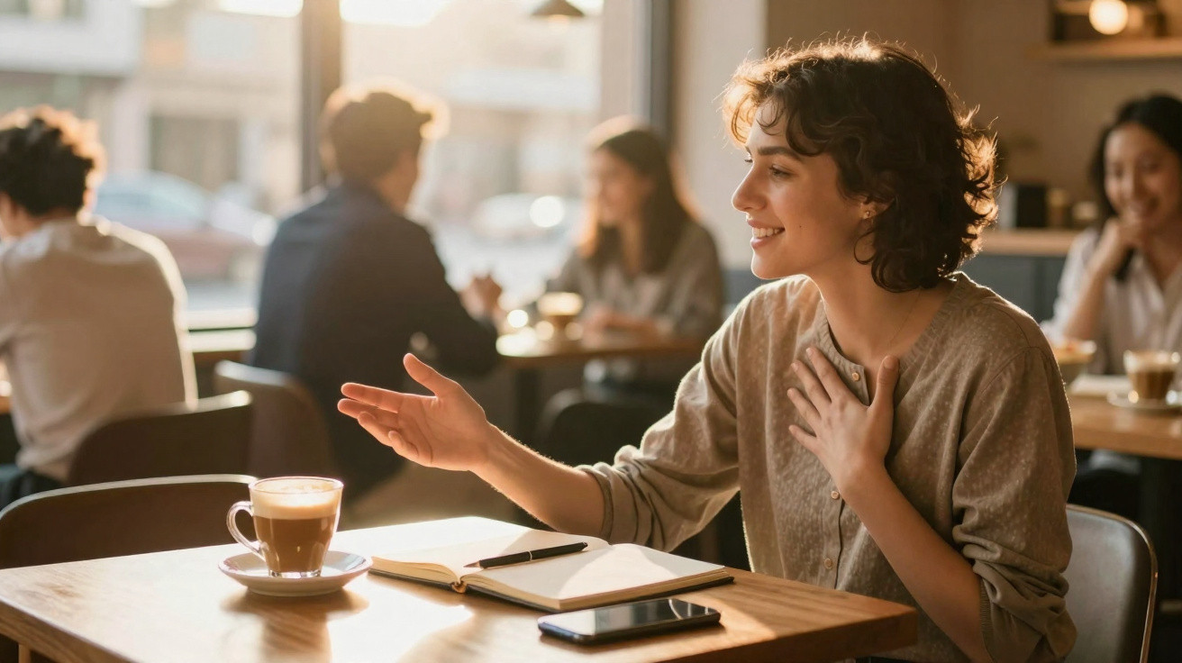 Mulher sentada num café, sorridente, a conversar com alguém, com café, caderno e telemóvel à frente.