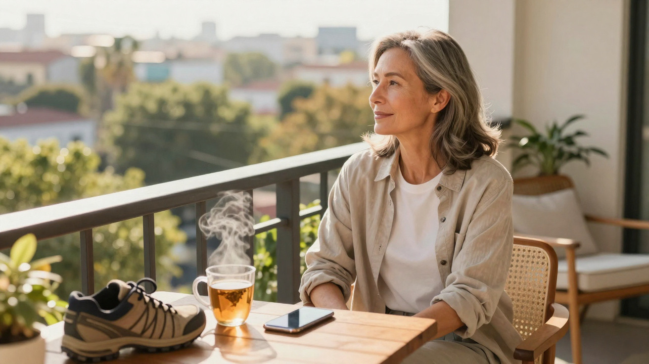 Mulher adulta sentada num terraço, olhando para o horizonte, com chá quente e telefone numa mesa de madeira.