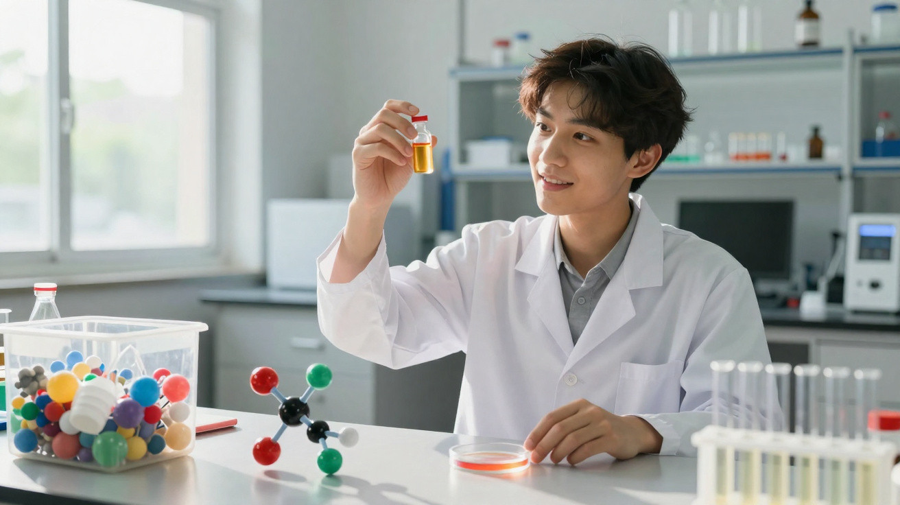 Jovem cientista em laboratório a observar frasco com líquido amarelo, rodeado de tubos de ensaio e modelo molecular.