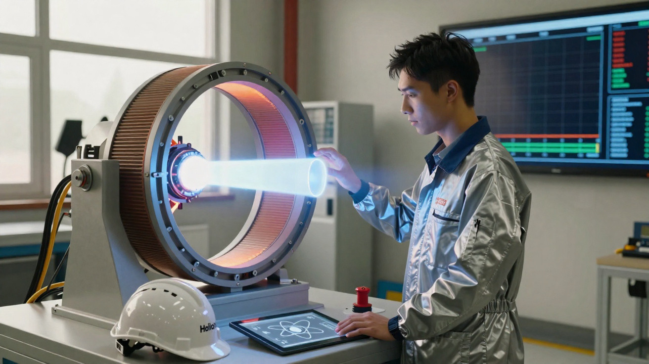 Homem em laboratório com equipamento tecnológico emitindo luz azul e tablet com gráfico atómico.