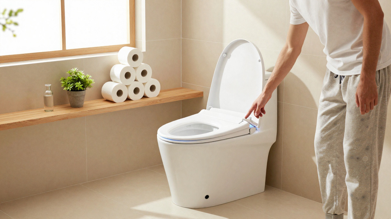 Pessoa a usar um banheiro moderno com tampa aberta e prateleira com rolos de papel higiénico e planta.
