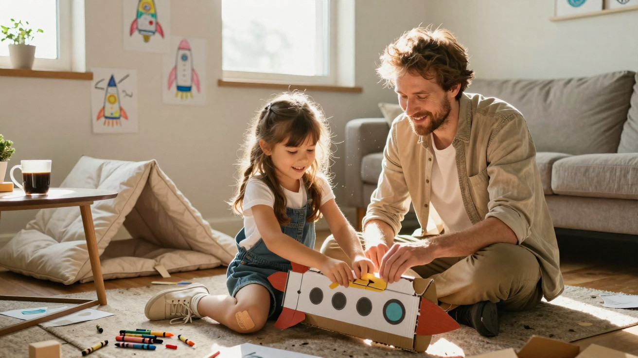Pai e filha brincam juntos com um foguetão de papelão numa sala iluminada e acolhedora.