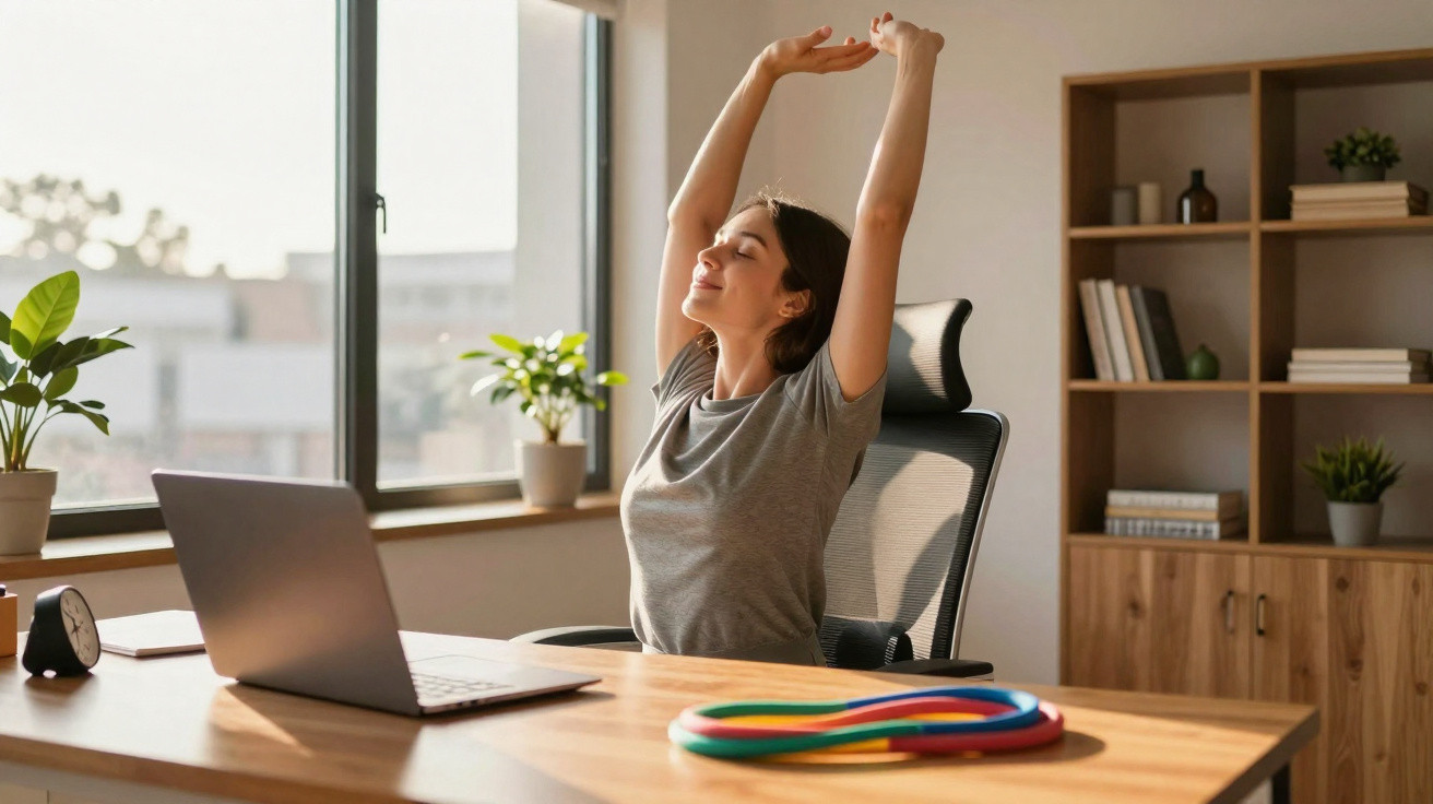Mulher sentada a esticar os braços enquanto trabalha num escritório com planta e computador portátil.