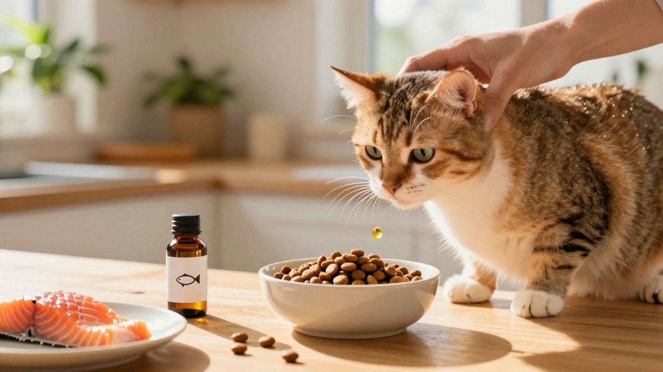 Gato a ser acarinhado junto a prato de comida, óleo e pedaços de salmão numa cozinha luminosa.