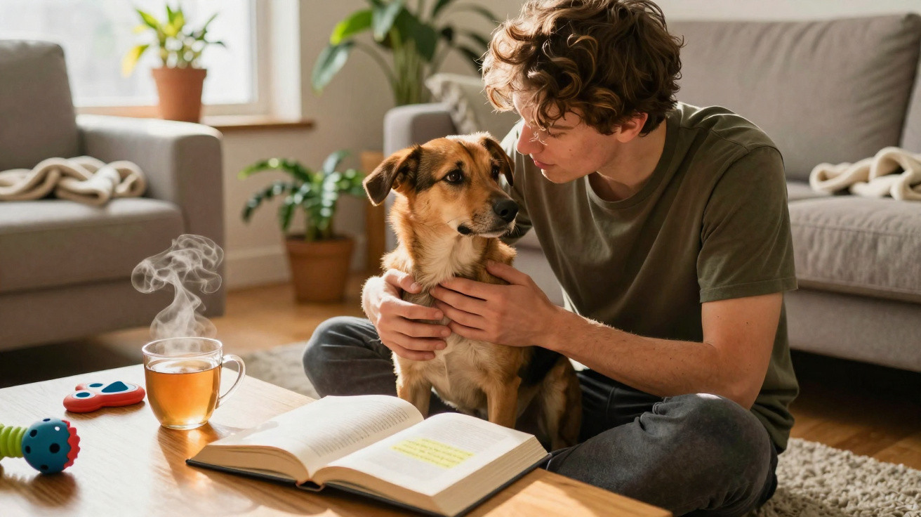 Jovem sentado no chão a acariciar cão, com livro aberto e chá quente numa sala iluminada.