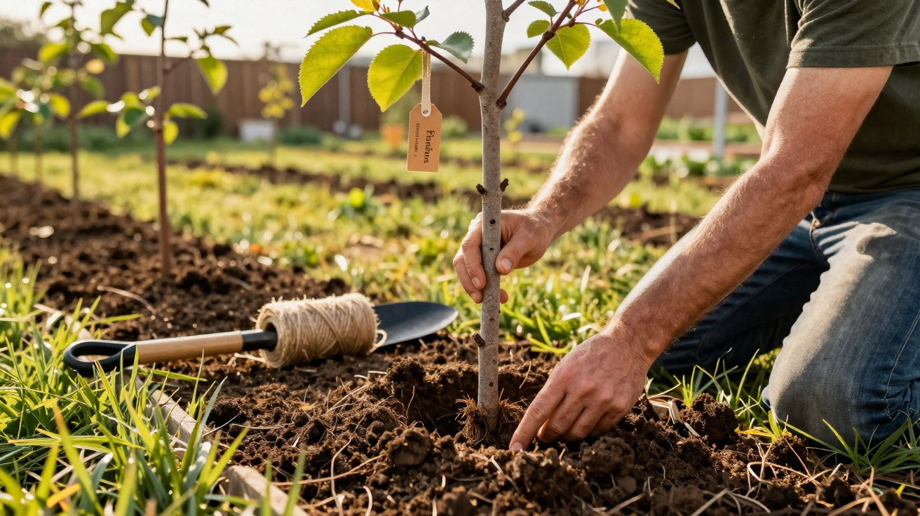 Pessoa a plantar uma árvore jovem num jardim, com uma pá e corda ao lado na relva.