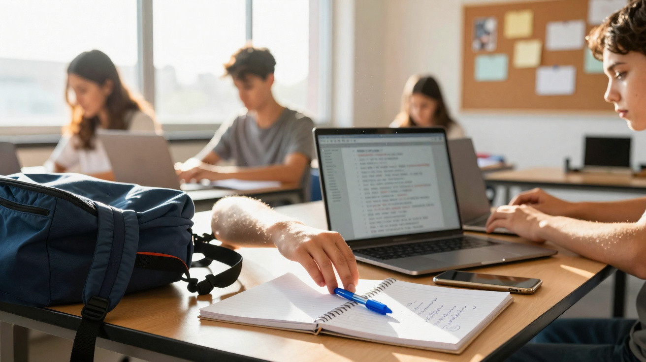Estudantes a trabalhar em grupo numa sala com computadores portáteis, caderno e mochila sobre a mesa.