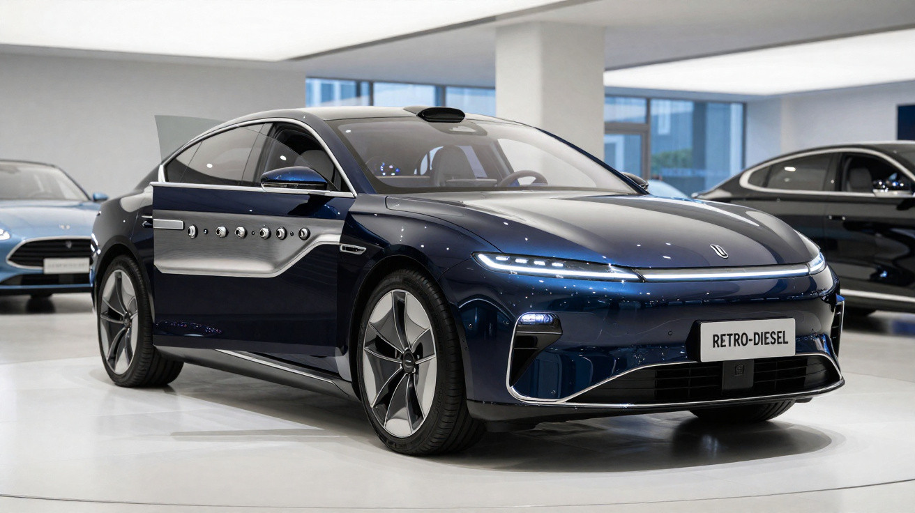 Carro elétrico moderno azul escuro com detalhes prateados e faróis LED exposto em showroom.