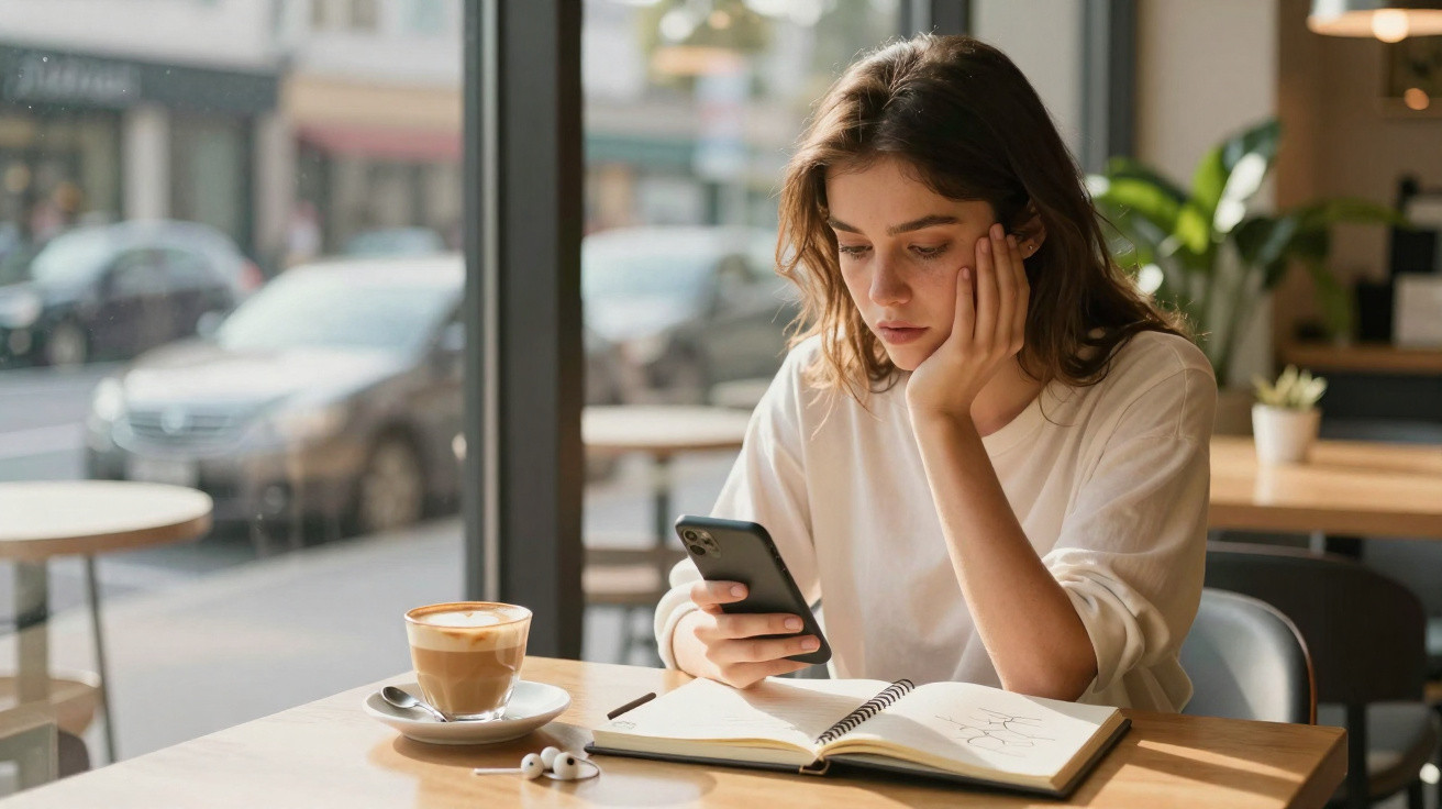 Mulher sentada numa cafetaria a olhar para o telemóvel com caderno, café e auriculares à sua frente.